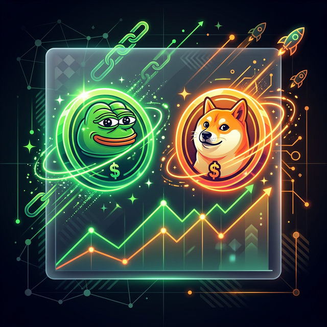 Dogecoin ve Pepe karakterlerinin modern neon ışıklı vektör illüstrasyonu